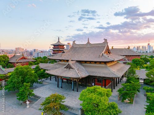 Aerial photography of Huayan Temple in Datong, Shanxi Province on a sunny summer day with blazing clouds