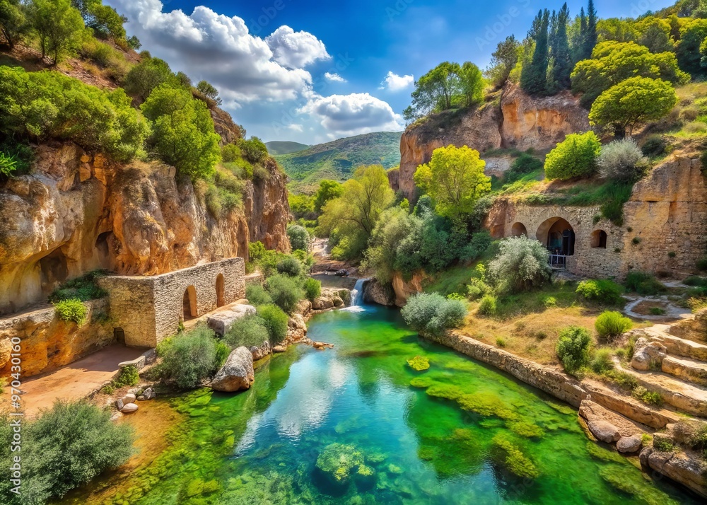 Fototapeta premium Nestled in the foothills of Mount Hermon, Caesarea Philippi boasts lush greenery and crystal-clear waters, a tranquil haven amidst ancient ruins.