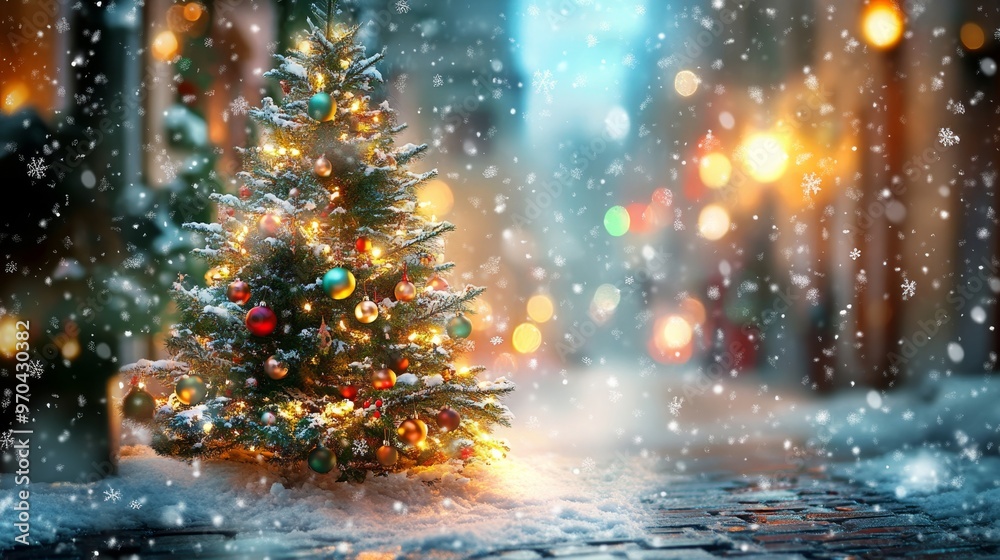 Decorated Christmas tree with ornaments and glowing lights on a snowy street, with festive blur bokeh in the background. Snow is gently falling at twilight. Decorated Christmas tree with ornaments and glowing lights on a snowy street, with festive blur bokeh in the background. Snow is gently falling at twilight.