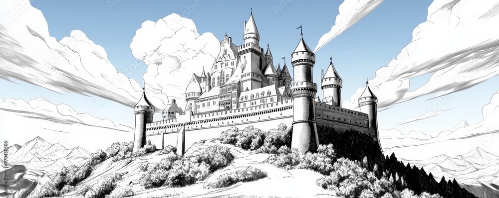 Majestic castle on a hill overlooking a vast kingdom, black and white ...