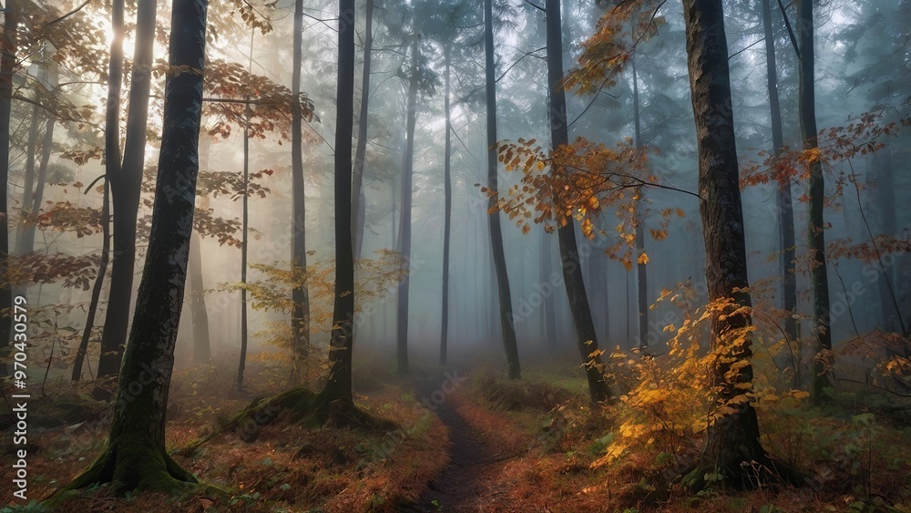 Fototapeta premium A misty morning in an autumn forest