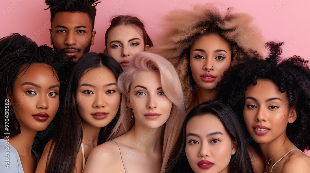 Obraz premium Diverse People with Different Makeup Styles Group Portrait Shot, Stock Photo Style, , Makeup Styles, Diversity