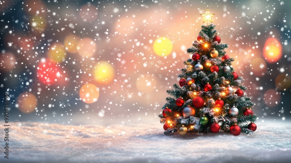 Decorated Christmas tree with ornaments and glowing lights on a snowy street, with festive blur bokeh in the background. Snow is gently falling at twilight. Decorated Christmas tree with ornaments and glowing lights on a snowy street, with festive blur bokeh in the background. Snow is gently falling at twilight.
