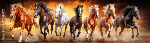 Majestic wild horses running freely in an open field, line art, empty coloring book page, realistic, high-quality, untamed, strength, freedom::1 flowing manes, dust clouds, open skies, powerful