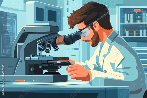 A scientist examines samples under a microscope in a modern laboratory setting, showcasing dedication to research and discovery. photo