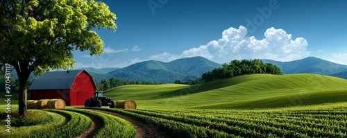 Rustic farm scene with a red barn and rolling hills, line art, empty coloring book page, nostalgic, high-quality, countryside, simplicity::1 tractor, scarecrow, hay bales, sunflowers, grazing