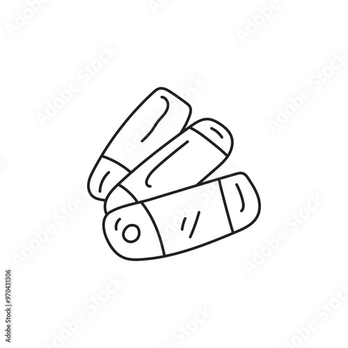 Hand-drawn illustration of a pocket knife. Simple black and white line art of a camping or survival tool.  Concept of outdoor adventure and preparedness.