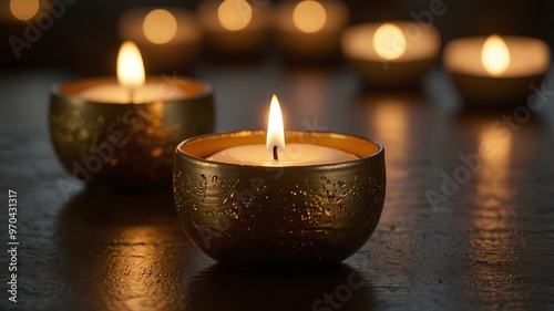 Golden Candlelight & Peaceful Reflections. capturing the warm and peaceful atmosphere of golden candlelight perfect for creating moments of calm reflection in a realistic style. photo