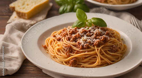 Italian spaghetti Bolognese on a white plate on a wooden table
