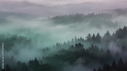 Abstract background of fog swirling in the air, blending with soft pastel colors like lavender, mint green, and sky blue photo