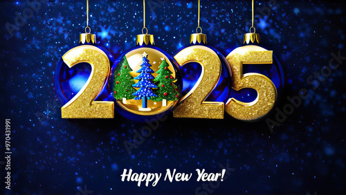 New Year 2025 celebration with numbers in glass balls on a vibrant blue background