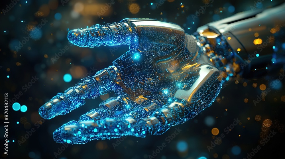 Industrial robots. Formation of Glow Blue particles in a 3d robot hand model Industrial robots. Formation of Glow Blue particles in a 3d robot hand model