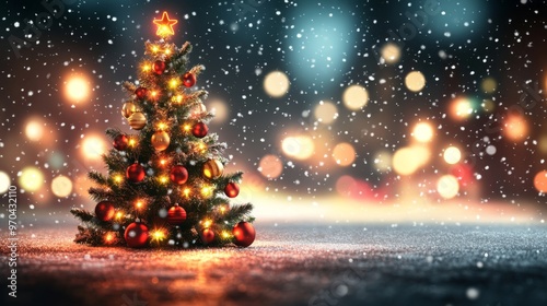 Decorated Christmas tree with ornaments and glowing lights on a snowy street, with festive blur bokeh in the background. Snow is gently falling at twilight.