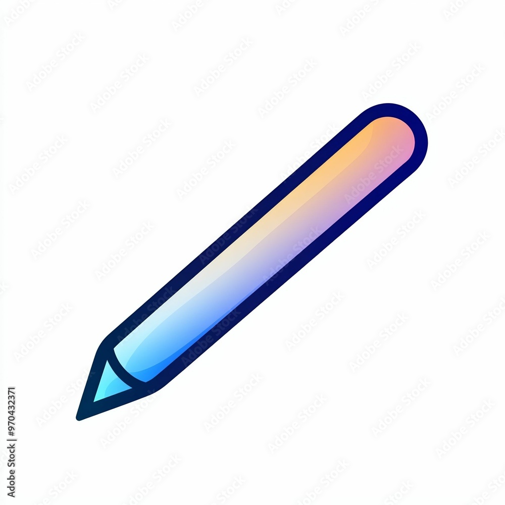 A sleek, modern pencil lies horizontally on a plain white surface, featuring a vibrant gradient from blue to orange along its body A sleek, modern pencil lies horizontally on a plain white surface, featuring a vibrant gradient from blue to orange along its body
