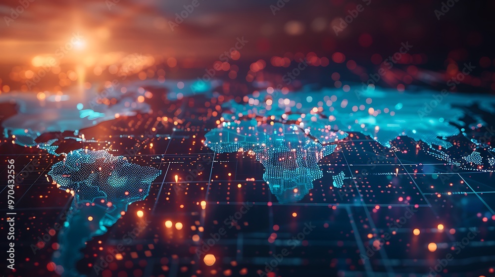 Fototapeta premium Digital Network on Global Map Business Theme, Background, Plain Background, Network, Global