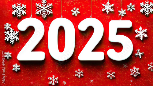 New Year 2025 Greeting Card with Snowflakes on Red Background