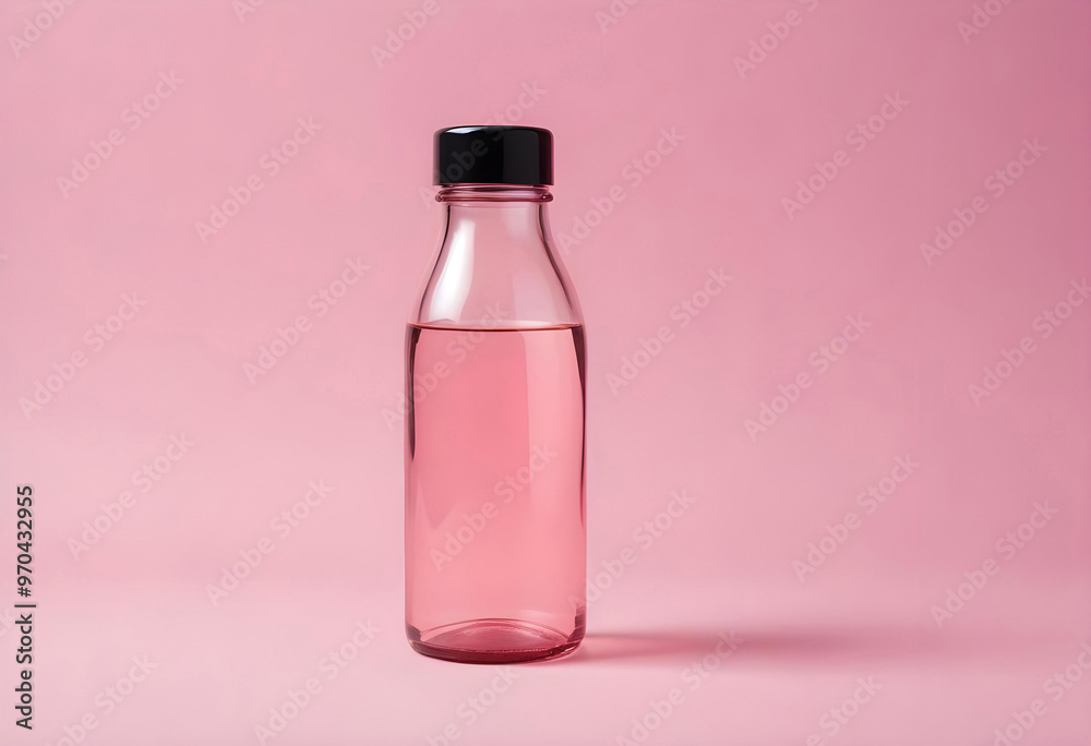 A clear glass bottle with a black cap and water inside is standing upright against a pink background