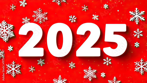 Celebratory 2025 New Year Card with Snowflakes on Vibrant Red