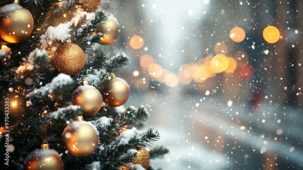 Decorated Christmas tree with ornaments and glowing lights on a snowy street, with festive blur bokeh in the background. Snow is gently falling at twilight. Decorated Christmas tree with ornaments and glowing lights on a snowy street, with festive blur bokeh in the background. Snow is gently falling at twilight.
