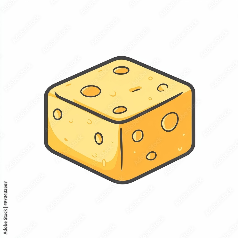 This graphic displays a cartoonish yellow cheese cube, showcasing its distinct holes and cheerful appearance, perfect for food illustrations or educational content This graphic displays a cartoonish yellow cheese cube, showcasing its distinct holes and cheerful appearance, perfect for food illustrations or educational content