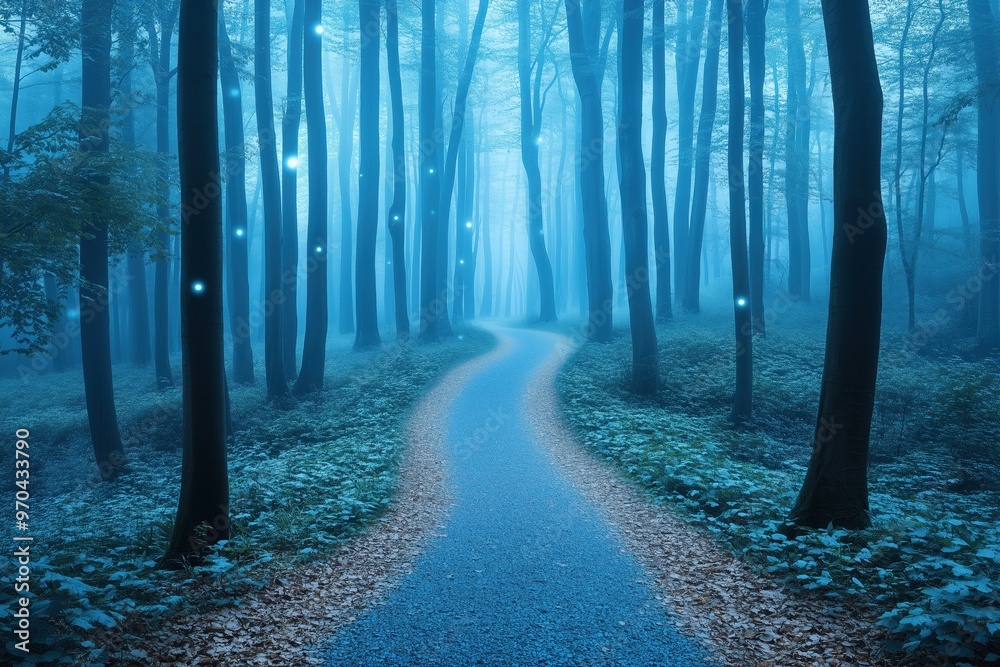 Fototapeta premium Mystical Forest Path: A winding path through a dense, misty forest, illuminated by ethereal orbs of light, evoking a sense of mystery and wonder. 