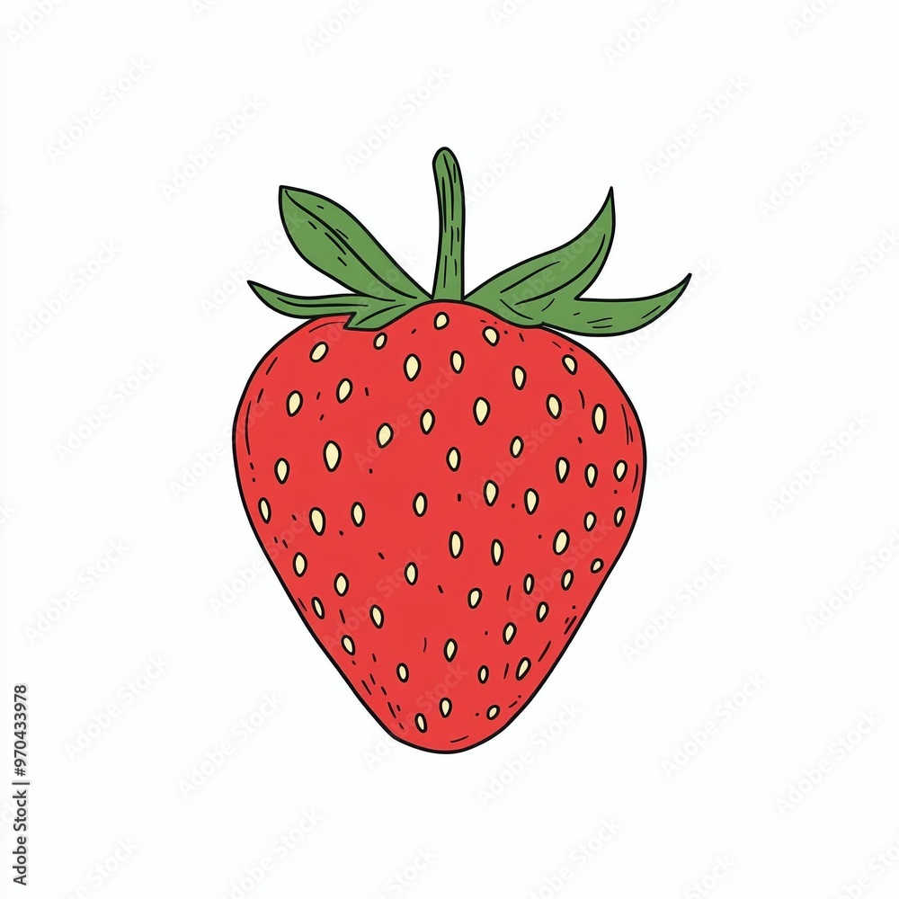 Obraz premium A colorful illustration displays a ripe strawberry highlighted by its green leaves, capturing the fruit's juicy appearance and distinct texture