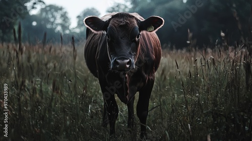 A close-up photo of a cow standing in a grassy field during dusk, surrounded by tall grass and trees in the background.