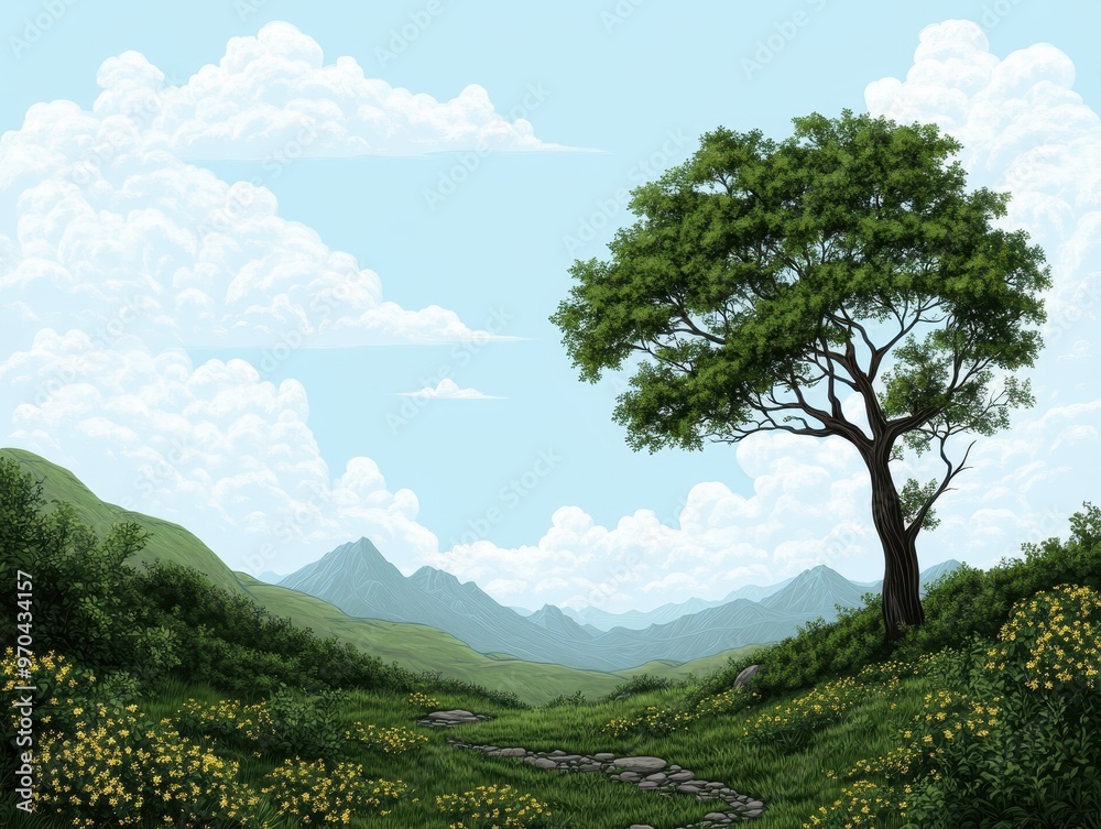 Obraz premium A serene landscape featuring a lone tree amidst lush greenery, mountains, and a clear blue sky, perfect for nature lovers.