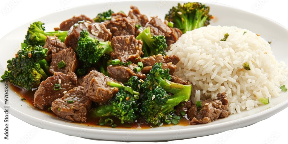 Plate of beef broccoli with steamed white rice Plate of beef broccoli with steamed white rice