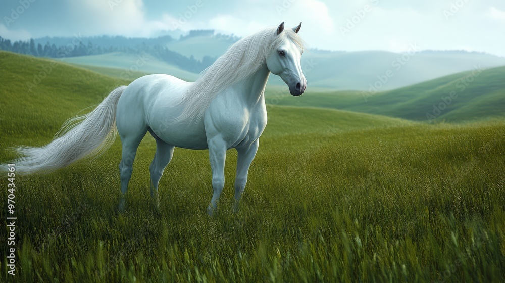 A majestic white horse stands gracefully in a lush, green meadow with rolling hills in the background under a blue sky. A majestic white horse stands gracefully in a lush, green meadow with rolling hills in the background under a blue sky.