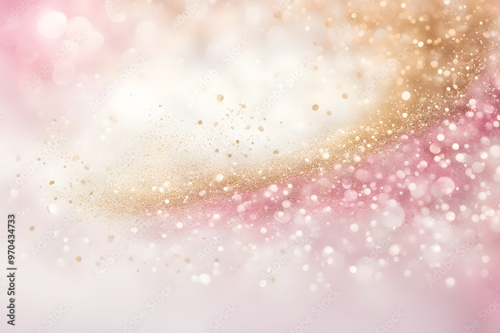 Obraz premium Pink and gold bokeh sparkles swirling like magical dust over a soft white background, AI Generated