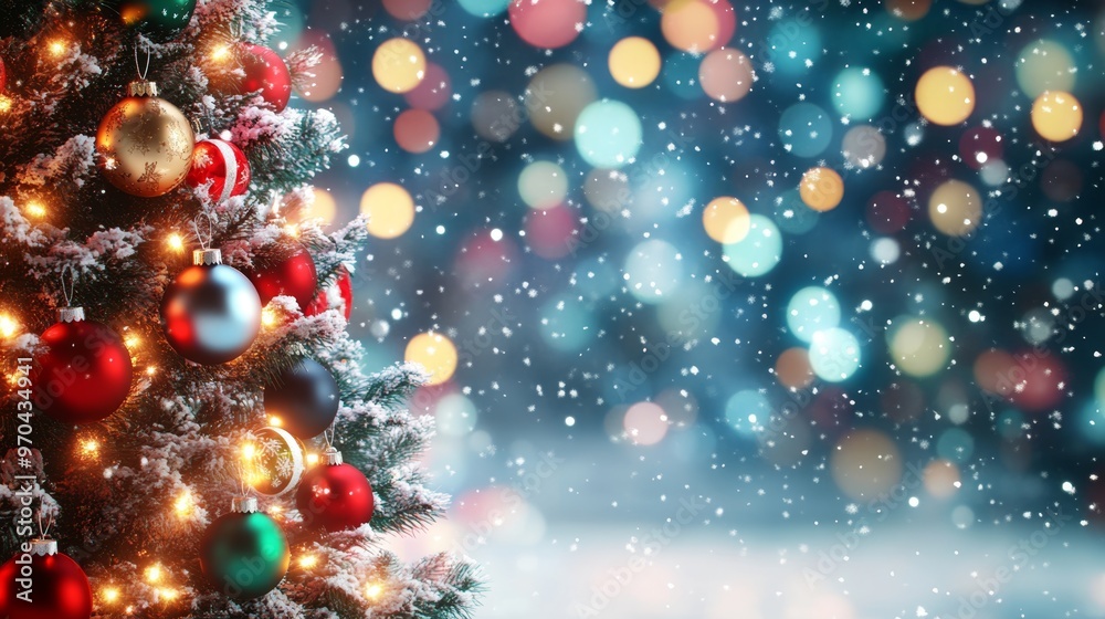 Decorated Christmas tree with ornaments and glowing lights on a snowy street, with festive blur bokeh in the background. Snow is gently falling at twilight. Decorated Christmas tree with ornaments and glowing lights on a snowy street, with festive blur bokeh in the background. Snow is gently falling at twilight.