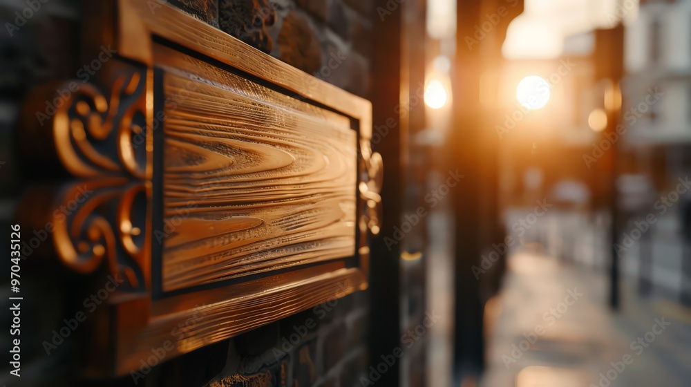 A beautiful wooden sign on a brick wall, illuminated by the warm glow of sunset, perfect for showcasing craftsmanship and ambiance. A beautiful wooden sign on a brick wall, illuminated by the warm glow of sunset, perfect for showcasing craftsmanship and ambiance.