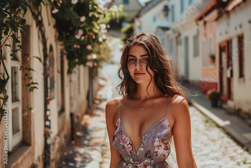 Chic woman in a summer dress, standing in a quaint village square, portrait shot