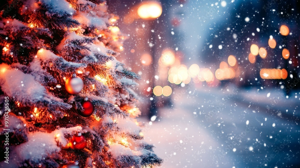 Decorated Christmas tree with ornaments and glowing lights on a snowy street, with festive blur bokeh in the background. Snow is gently falling at twilight. Decorated Christmas tree with ornaments and glowing lights on a snowy street, with festive blur bokeh in the background. Snow is gently falling at twilight.