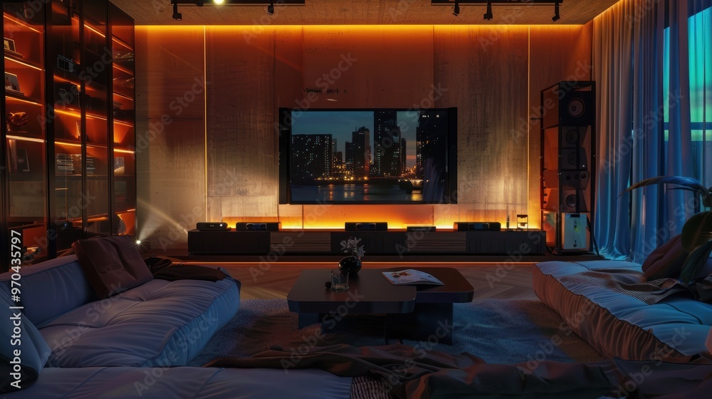 Contemporary living room with multimedia entertainment system AI generated image Contemporary living room with multimedia entertainment system AI generated image