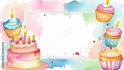 Festive greeting card featuring watercolor cupcakes with candles on a colorful backdrop and room for personalization