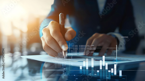 A professional hand writing on a document with financial graphs reflected in the background, symbolizing business analytics.