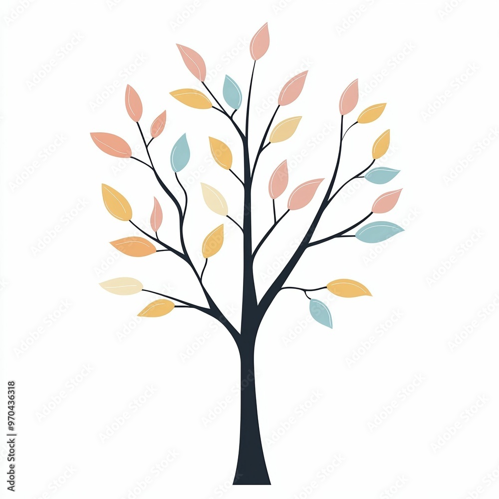 A beautifully designed tree displays vibrant pastel leaves in shades of orange, yellow, and blue, set against a clean white backdrop, perfect for artistic inspiration A beautifully designed tree displays vibrant pastel leaves in shades of orange, yellow, and blue, set against a clean white backdrop, perfect for artistic inspiration