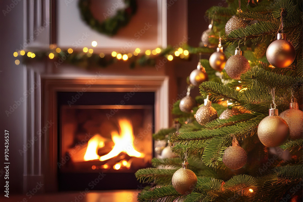 close up of christmas tree decoration ornament near fire place with copy space close up of christmas tree decoration ornament near fire place with copy space