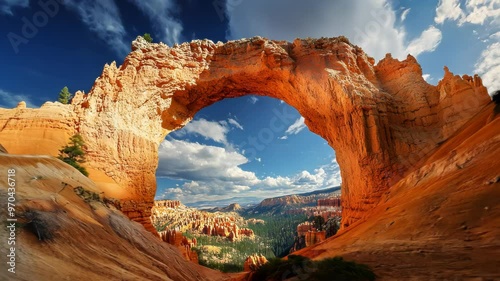 A stunning view of a natural arch in a colorful canyon landscape under a dramatic sky.