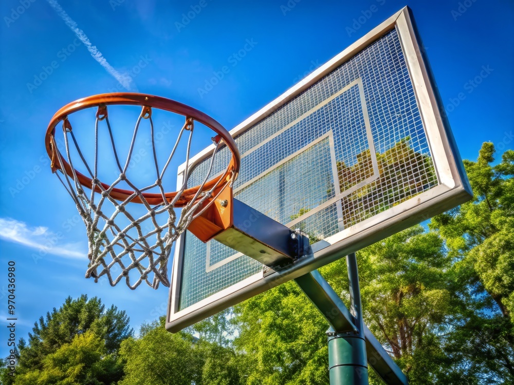 Metal basketball hoop and backboard attached to sturdy pole, featuring a hanging net for recreational and competitive play alike. Metal basketball hoop and backboard attached to sturdy pole, featuring a hanging net for recreational and competitive play alike.