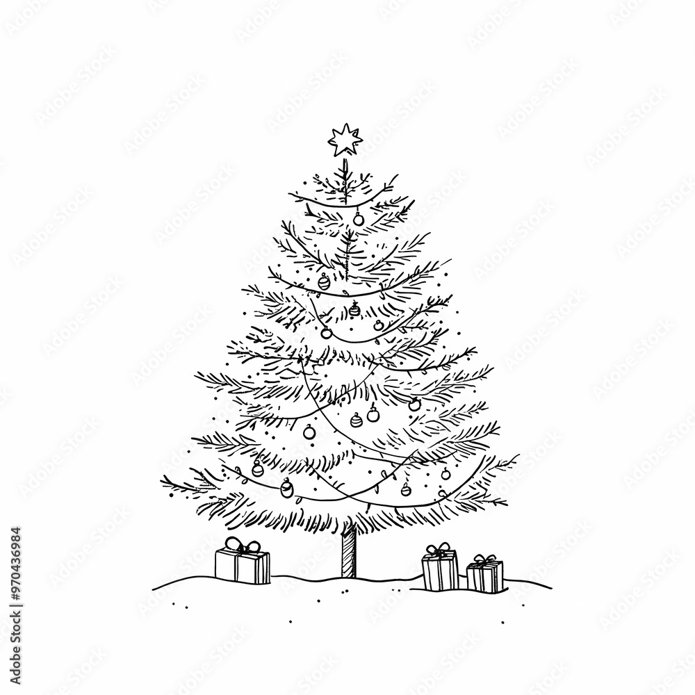 Obraz premium Christmas Cheer: Festive Sketch of Decorated Christmas Tree