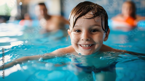 Joyful child swimming in a pool, capturing the essence of fun and happiness in water play with family. photo