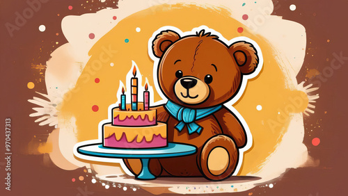 Teddy bear with birthday cake and candles in brown theme illustration for boy's celebration