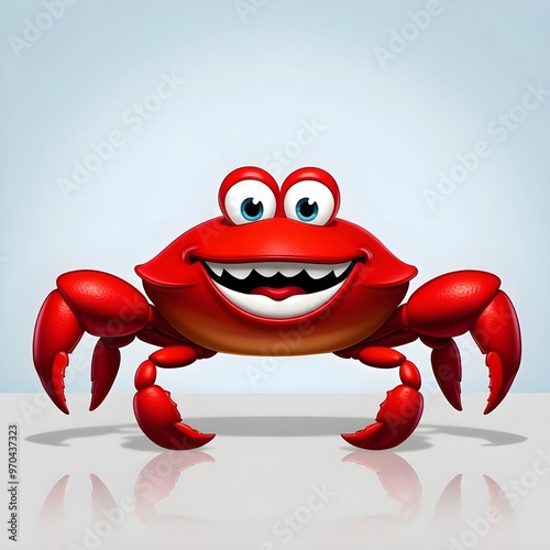 anthropomorphized cartoon crab stands confidently facing the viewer