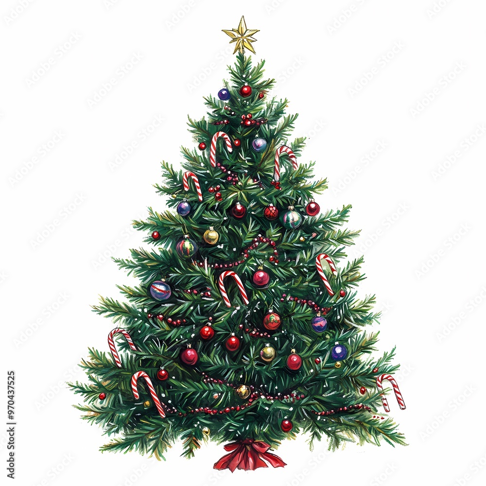 Festive Christmas Tree: A classic Christmas tree adorned with colorful ornaments, candy canes, and a golden star on top, evokes the spirit of the season.  