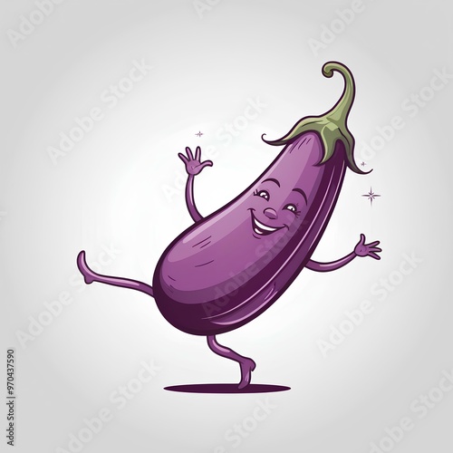 A whimsical logo illustration featuring a charismatic dancing eggplant character