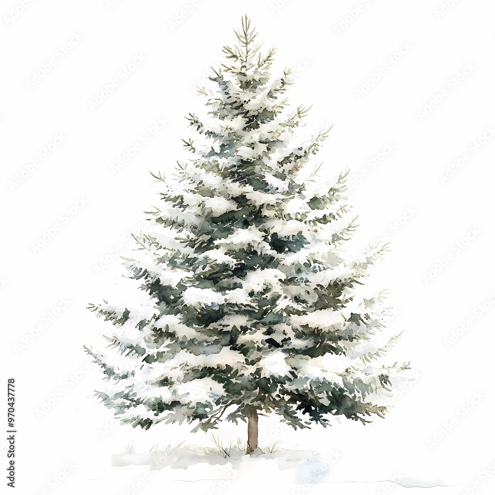 Snow-Capped Pine: A solitary pine tree stands tall, its branches laden with fresh snow, creating a picturesque winter scene. A minimalist watercolor painting perfect for capturing the beauty of winte Snow-Capped Pine: A solitary pine tree stands tall, its branches laden with fresh snow, creating a picturesque winter scene. A minimalist watercolor painting perfect for capturing the beauty of winte