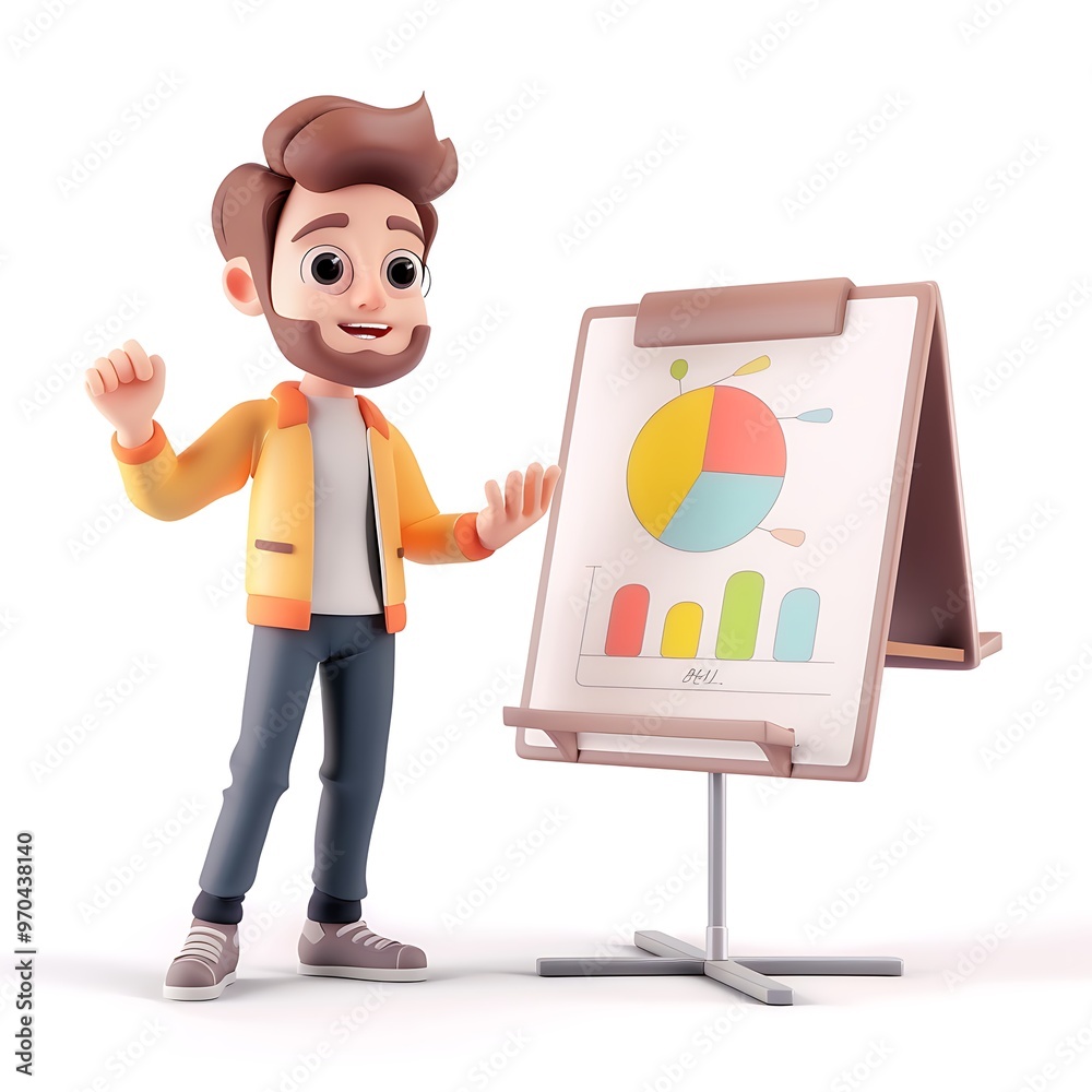 A simple 3D business cartoon character standing in front of a whiteboard with a pie chart, making a presentation to an unseen audience. 8k UHD, suitable for high-quality printing or digital 